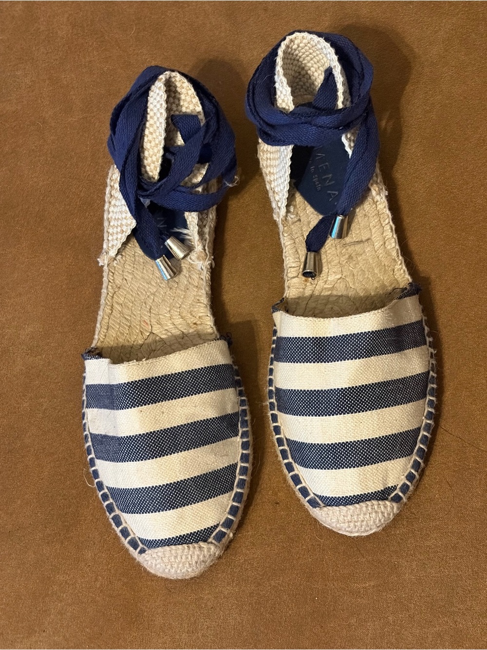 Romena Navy & White Striped Espadrille Lace-Up Flats Sz EU 39 runs small US8